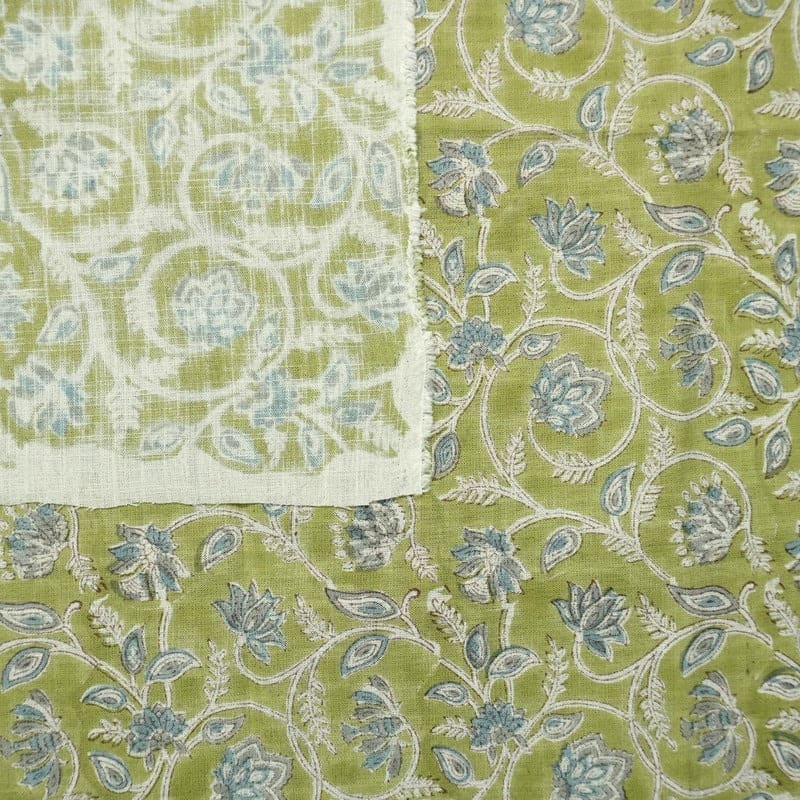 Handcraft Block Print Green Floral VIiscose Linen Fabric - Saraswati