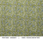 Handcraft Block Print Green Floral VIiscose Linen Fabric - Saraswati