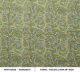 Handcraft Block Print Green Floral VIiscose Linen Fabric - Saraswati