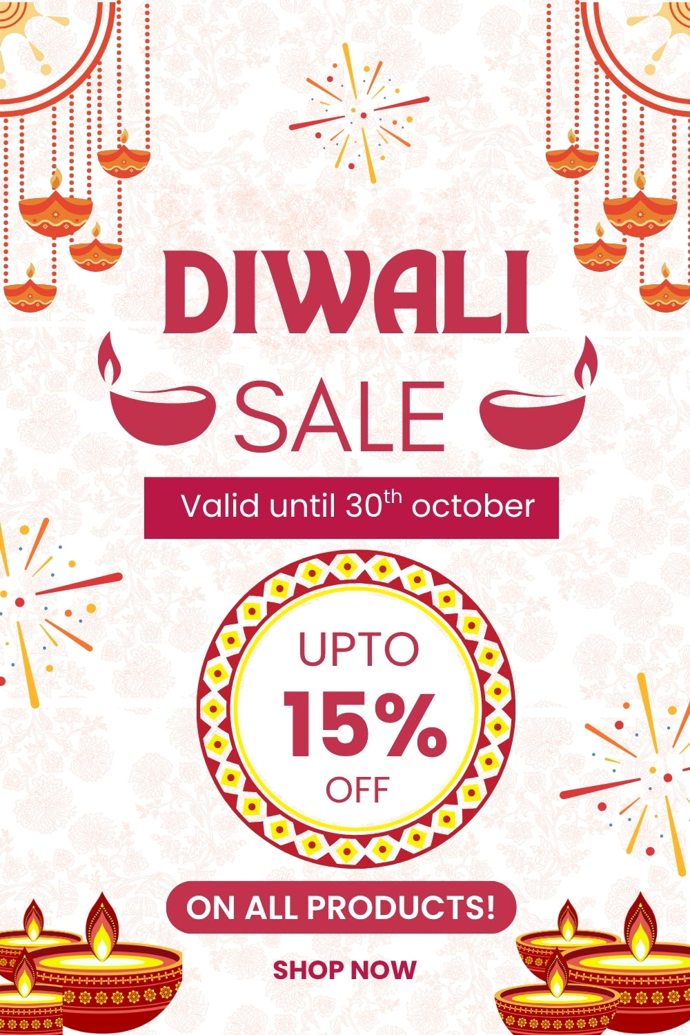 Diwali sale advertisement with decorative elements and promotional text on a light background.