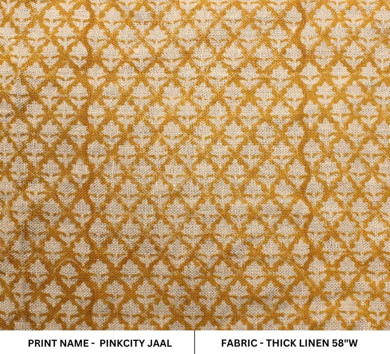 Floral Block Print Mustard Thick Linen Fabric - Pinkcity Jaal