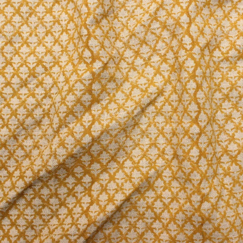 Floral Block Print Mustard Thick Linen Fabric - Pinkcity Jaal