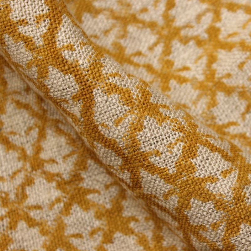 Floral Block Print Mustard Thick Linen Fabric - Pinkcity Jaal