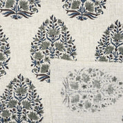 Floral Gray Blue Natural Linen Fabric  For Curtain- Kumud