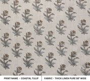 Hand Block Grey & Brown Thick Linen Fabric For Curtain - Coastal Tulip