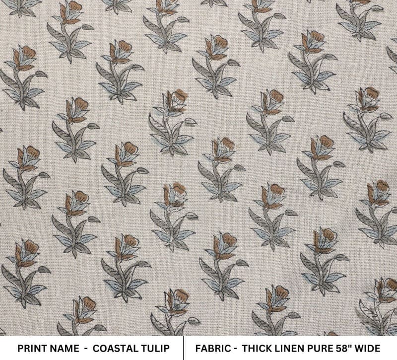 Hand Block Grey & Brown Thick Linen Fabric For Curtain - Coastal Tulip