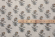 Hand Block Grey & Brown Thick Linen Fabric For Curtain - Coastal Tulip