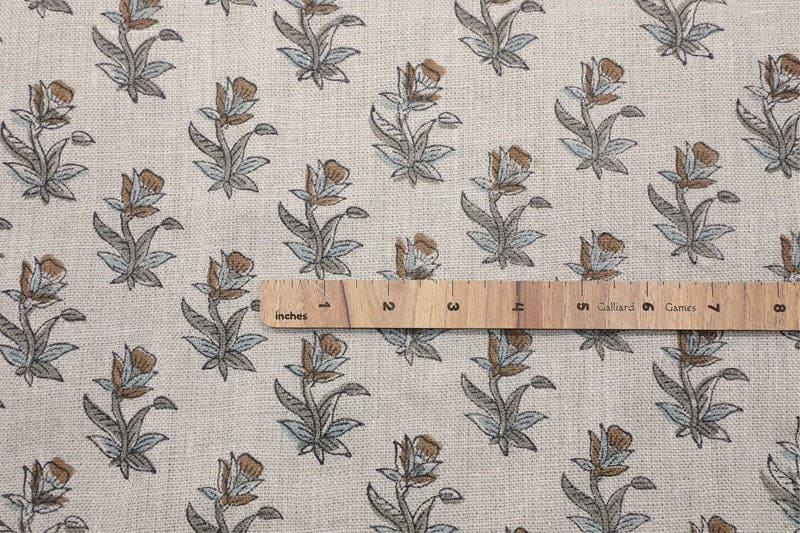 Hand Block Grey & Brown Thick Linen Fabric For Curtain - Coastal Tulip
