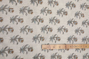 Hand Block Grey & Brown Thick Linen Fabric For Curtain - Coastal Tulip