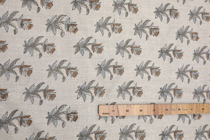 Hand Block Grey & Brown Thick Linen Fabric For Curtain - Coastal Tulip