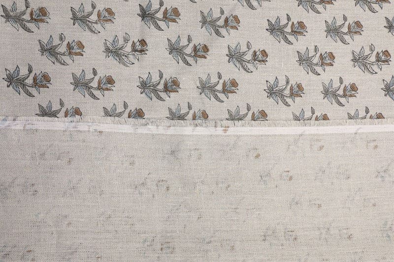 Hand Block Grey & Brown Thick Linen Fabric For Curtain - Coastal Tulip