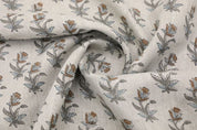 Hand Block Grey & Brown Thick Linen Fabric For Curtain - Coastal Tulip