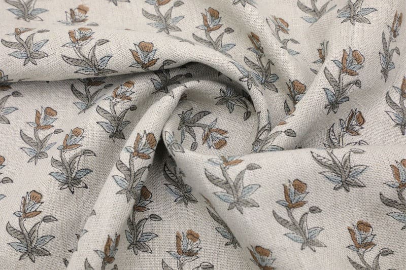 Hand Block Grey & Brown Thick Linen Fabric For Curtain - Coastal Tulip