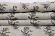 Hand Block Grey & Brown Thick Linen Fabric For Curtain - Coastal Tulip