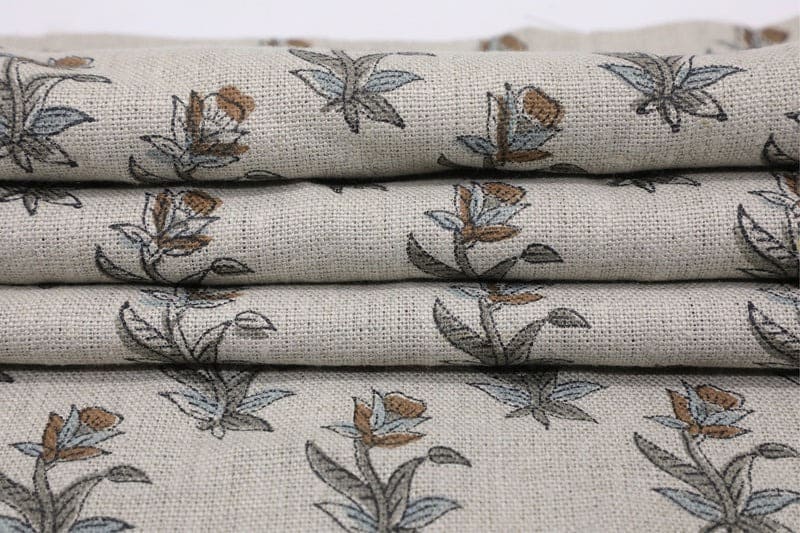 Hand Block Grey & Brown Thick Linen Fabric For Curtain - Coastal Tulip
