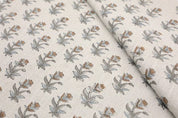 Hand Block Grey & Brown Thick Linen Fabric For Curtain - Coastal Tulip
