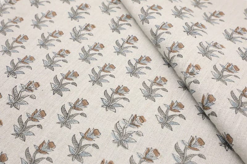Hand Block Grey & Brown Thick Linen Fabric For Curtain - Coastal Tulip