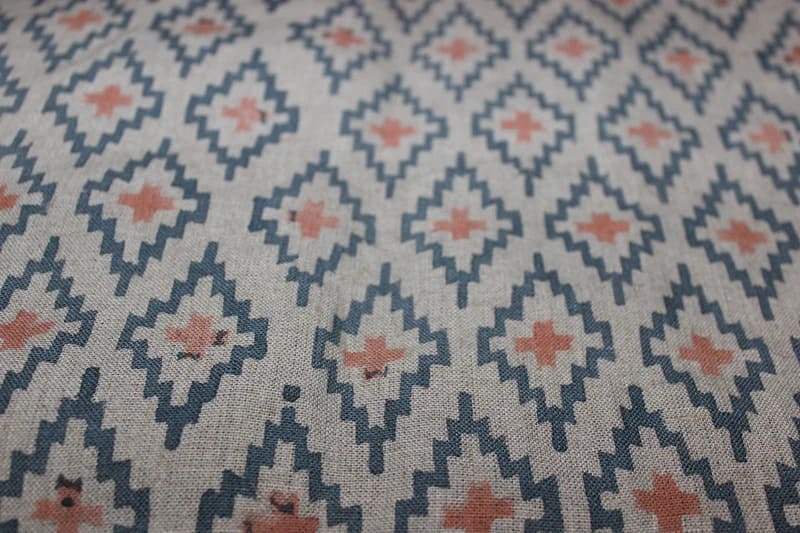 Handmade Block Print Grey & Green Floral Pure Linen Fabric - Ikat