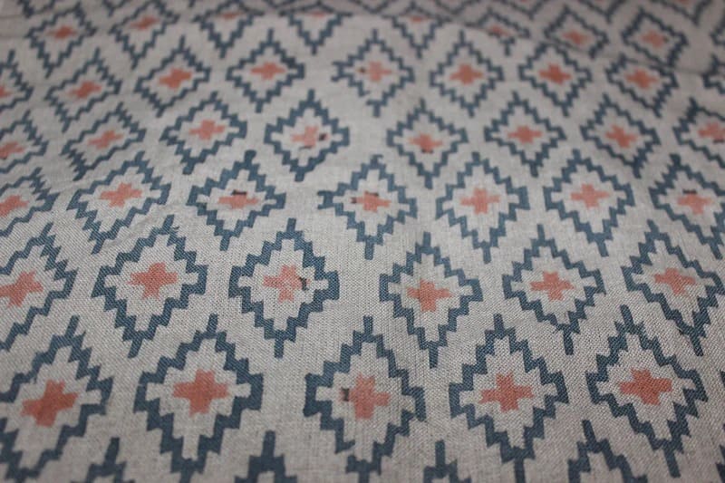 Handmade Block Print Grey & Green Floral Pure Linen Fabric - Ikat
