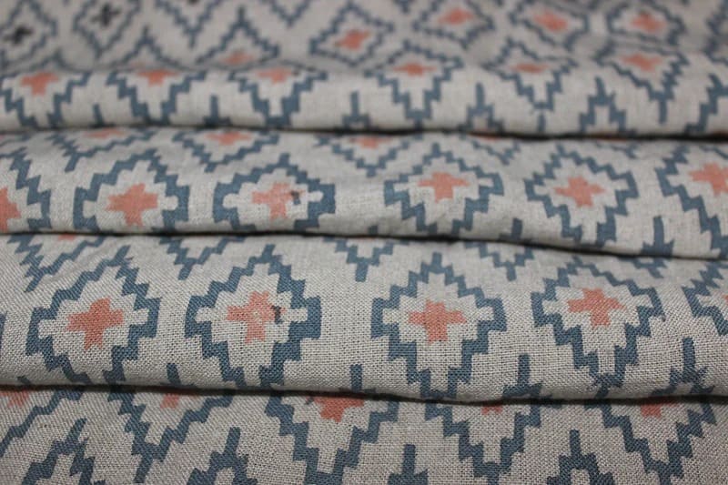 Handmade Block Print Grey & Green Floral Pure Linen Fabric - Ikat