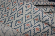 Handmade Block Print Grey & Green Floral Pure Linen Fabric - Ikat