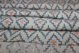 Handmade Block Print Grey & Green Floral Pure Linen Fabric - Ikat
