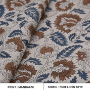  floral patterned pure linen block print fabric with brown and blue design on a white background