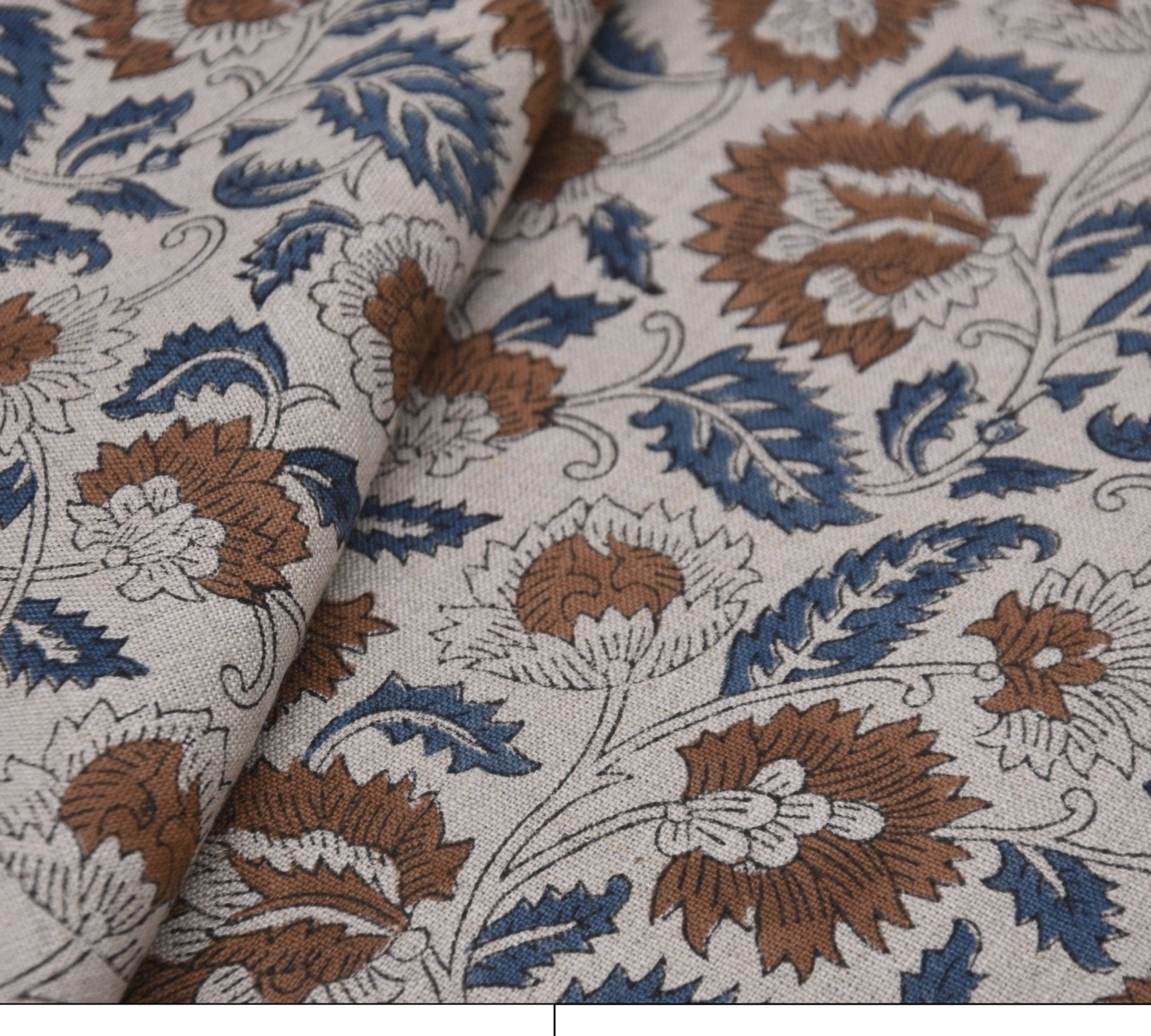  floral patterned pure linen block print fabric with brown and blue design on a white background