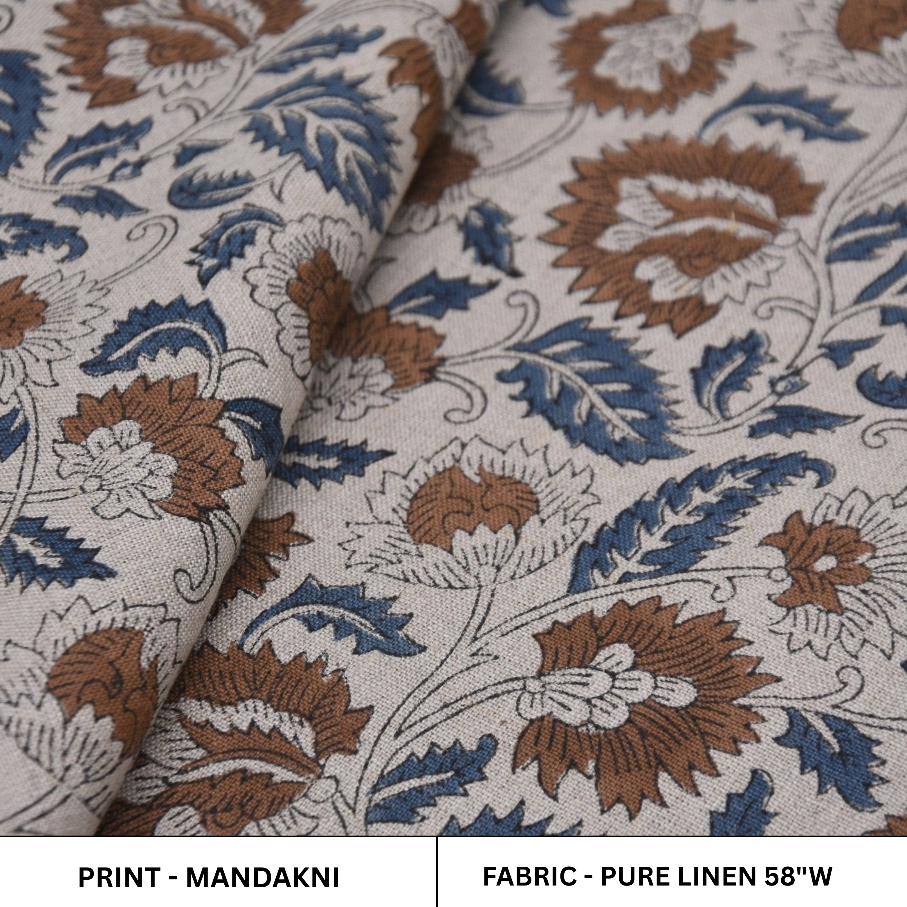  floral patterned pure linen block print fabric with brown and blue design on a white background