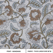 Floral patterned thick linen block print fabric with brown and gray flowers on a white background