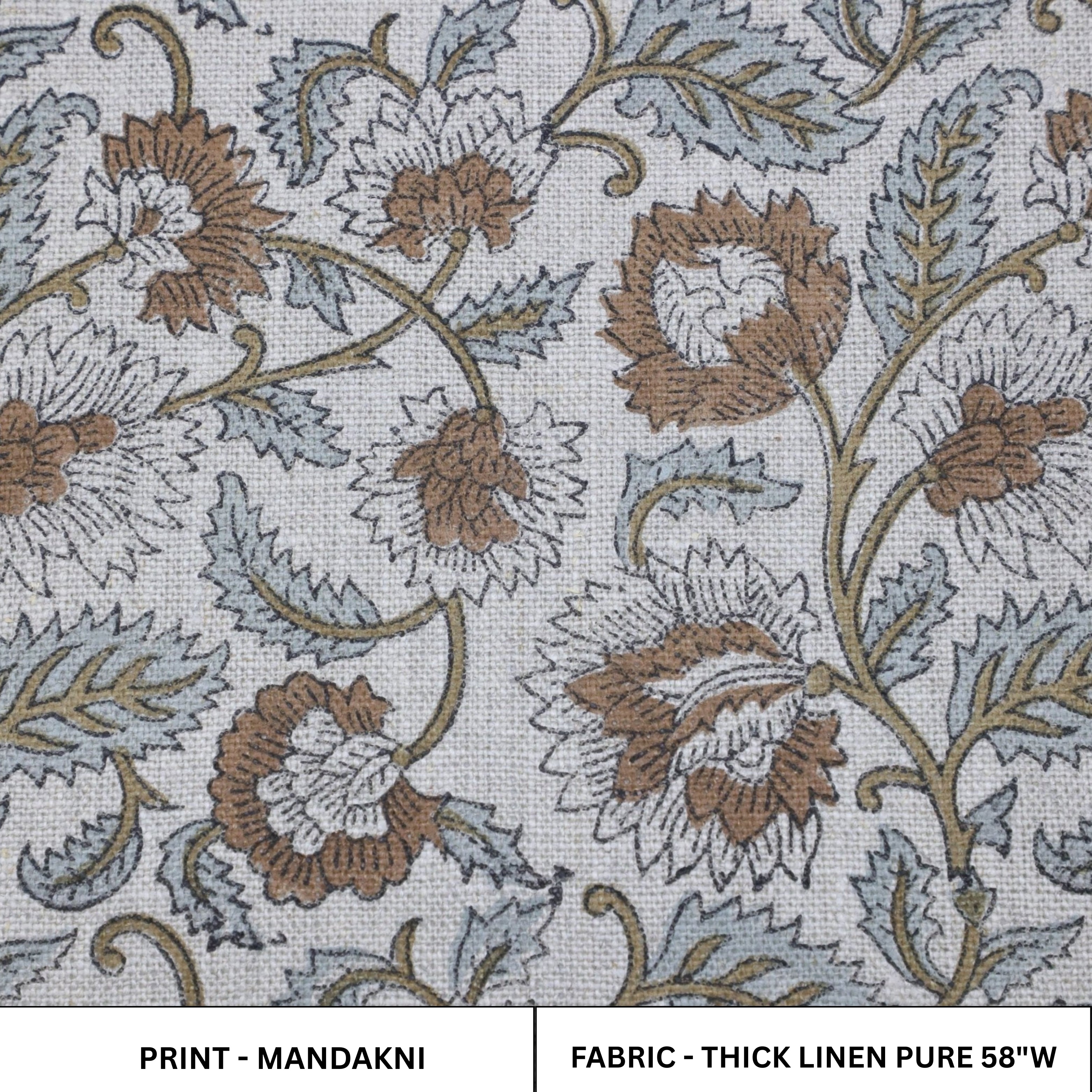 Floral patterned thick linen block print fabric with brown and gray flowers on a white background