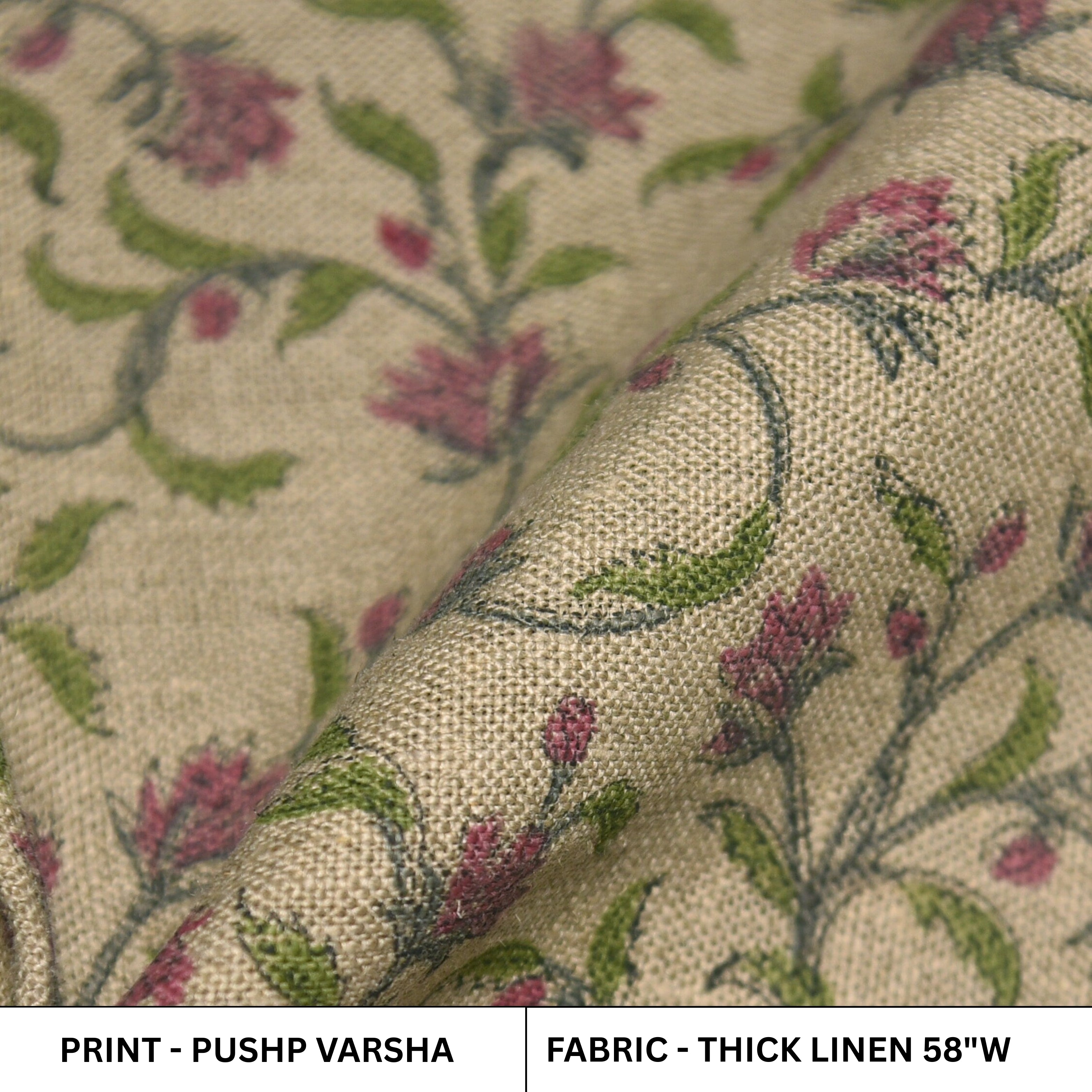 Floral patterned fabric with pink flowers and green leaves on a beige background