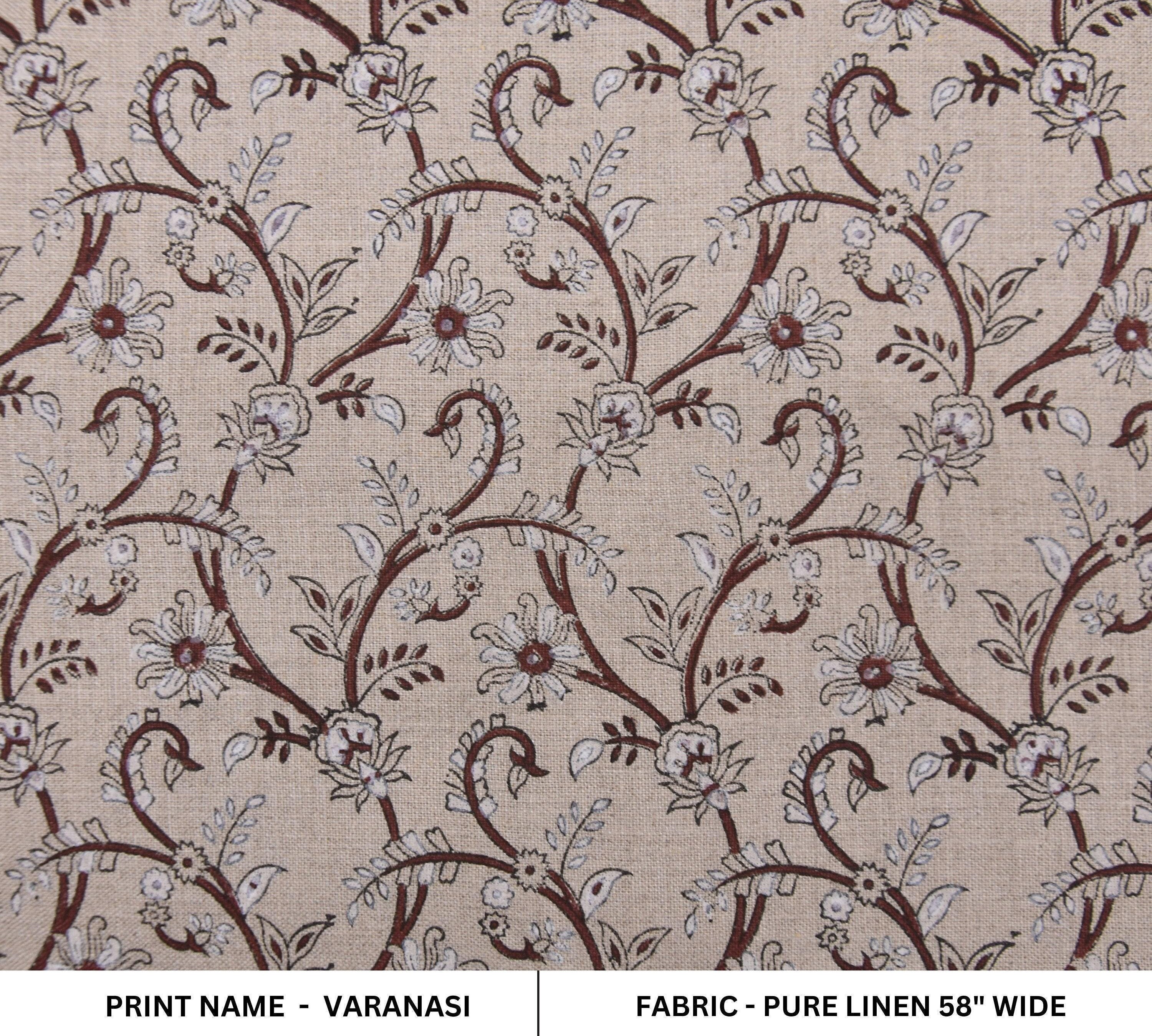 Floral patterned fabric with 'Varanasi' print name on a beige background