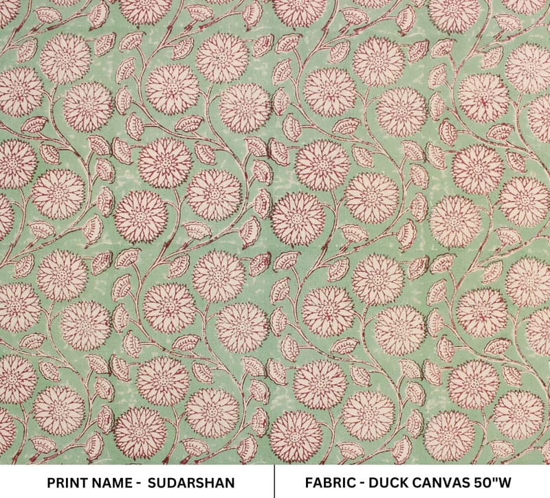 Hand Block Print Green Floral Fabric For Lampshade - Sudarshan Jaal