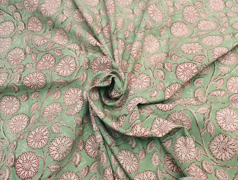Hand Block Print Green Floral Fabric For Lampshade - Sudarshan Jaal