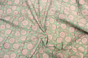 Hand Block Print Green Floral Fabric For Lampshade - Sudarshan Jaal