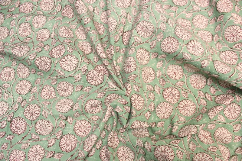 Hand Block Print Green Floral Fabric For Lampshade - Sudarshan Jaal