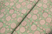 Hand Block Print Green Floral Fabric For Lampshade - Sudarshan Jaal