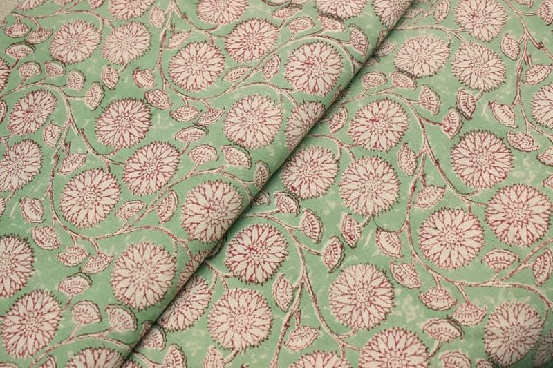 Hand Block Print Green Floral Fabric For Lampshade - Sudarshan Jaal