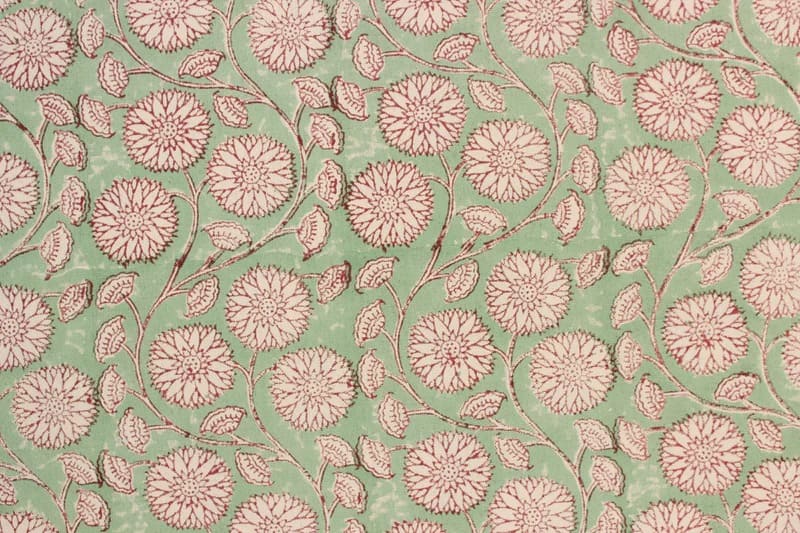 Hand Block Print Green Floral Fabric For Lampshade - Sudarshan Jaal