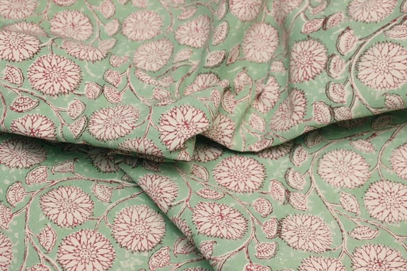 Hand Block Print Green Floral Fabric For Lampshade - Sudarshan Jaal