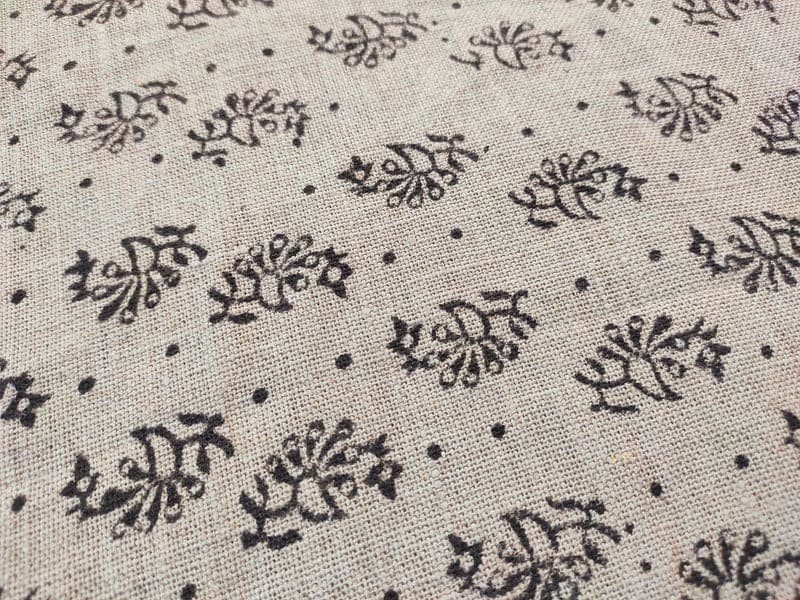 Handcrafted Block Print Beige Thick Linen Fabric  - Jhumkaa