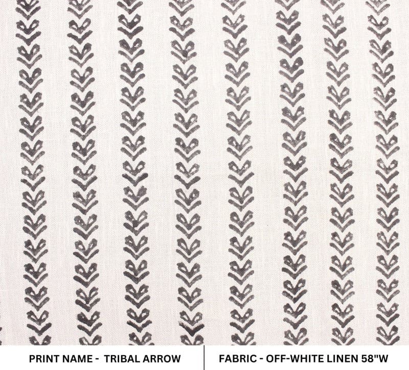Hand Block Print Granite Grey Off White Linen Fabric - Tribal Arrow