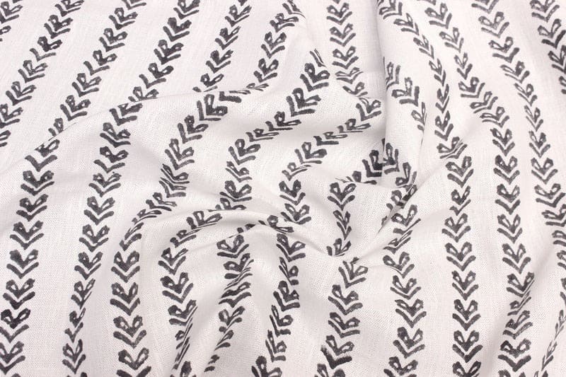 Hand Block Print Granite Grey Off White Linen Fabric - Tribal Arrow