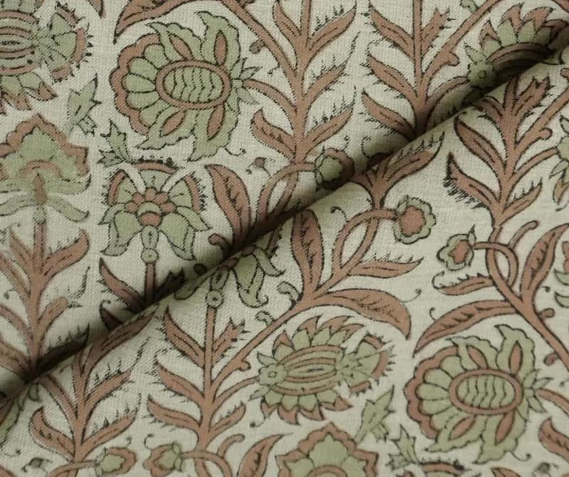 Hand Stamped Block Print Sage Green Floral Linen Blend Fabric - Jyoti