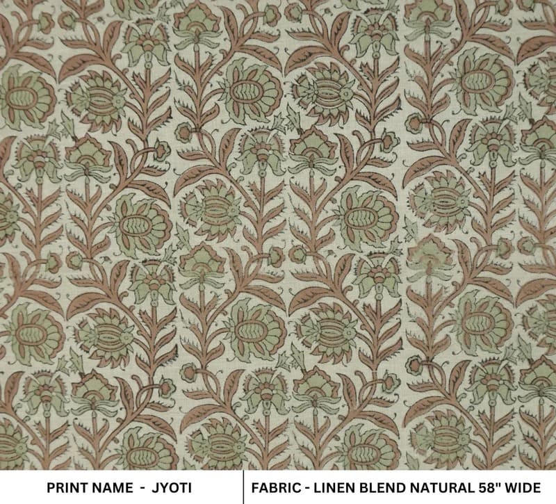 Hand Stamped Block Print Sage Green Floral Linen Blend Fabric - Jyoti