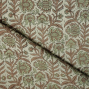 Hand Stamped Block Print Sage Green Floral Linen Blend Fabric - Jyoti