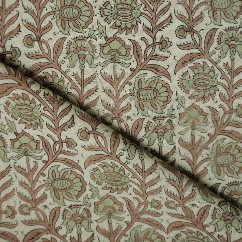 Hand Stamped Block Print Sage Green Floral Linen Blend Fabric - Jyoti
