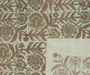 Hand Stamped Block Print Sage Green Floral Linen Blend Fabric - Jyoti
