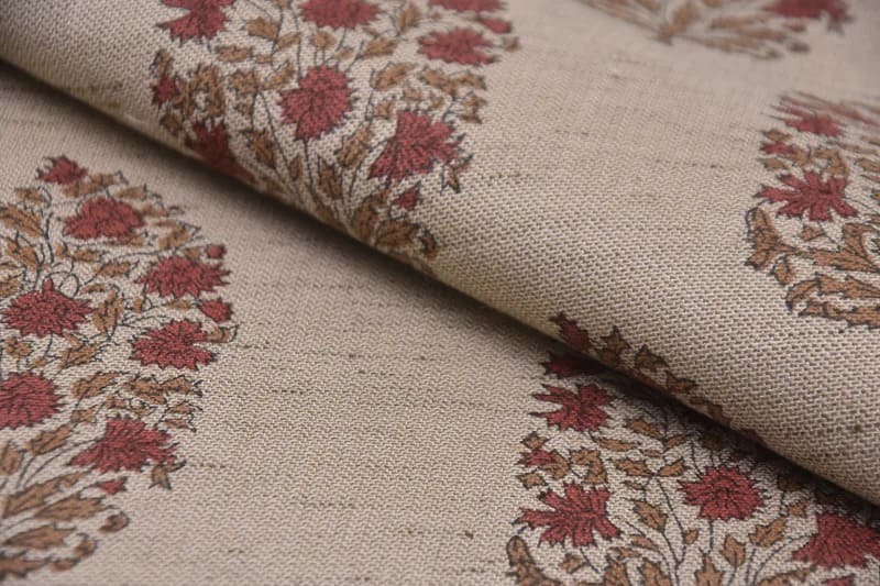 Eco-friendly Hand Block Print Red & Brown Linen Blend Fabric - Virat